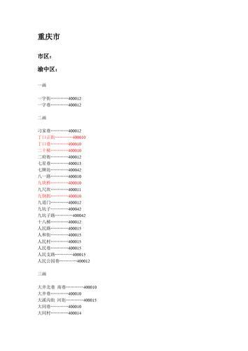 重庆市渝中区邮政编码大全
