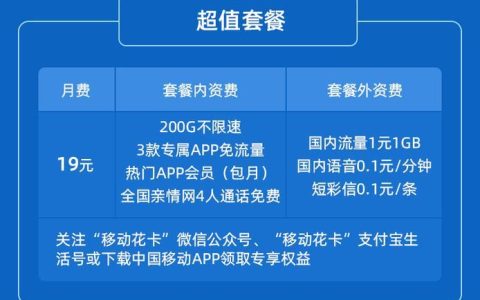 移动花卡19元套餐一元一g，超值实惠！