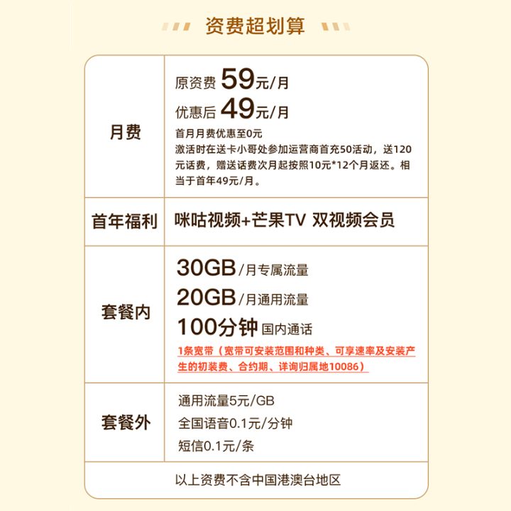 移动芒果卡59元套餐介绍2025-1