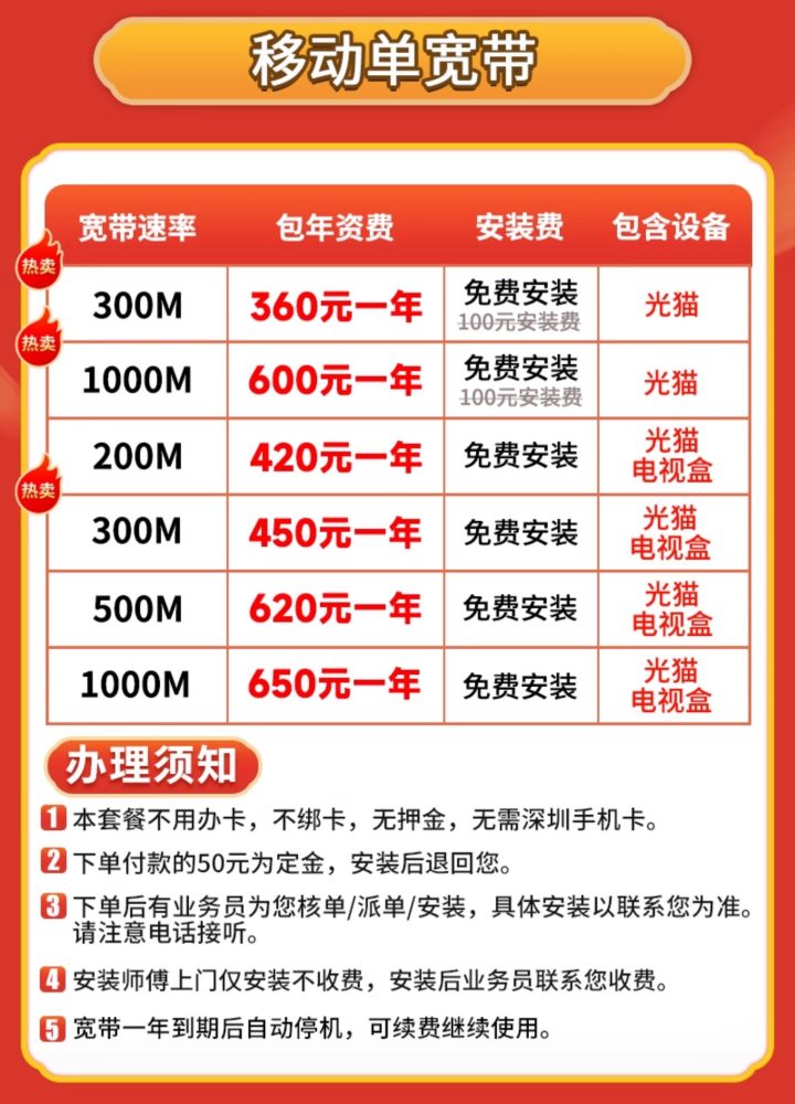 2025深圳移动单宽带价格表曝光：300M仅需360元/年，不换号不绑卡-1