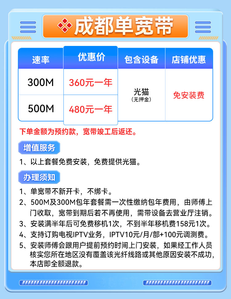 成都联通单宽带2025最新价格表：300M一年仅需360元？不绑卡、无套路